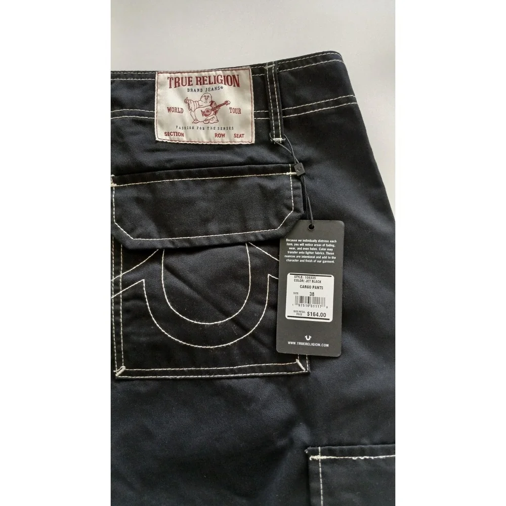 NWT True Religion Baggy Relaxed Fit Cargo Pants Jet Black Men's Size 38 x 30
